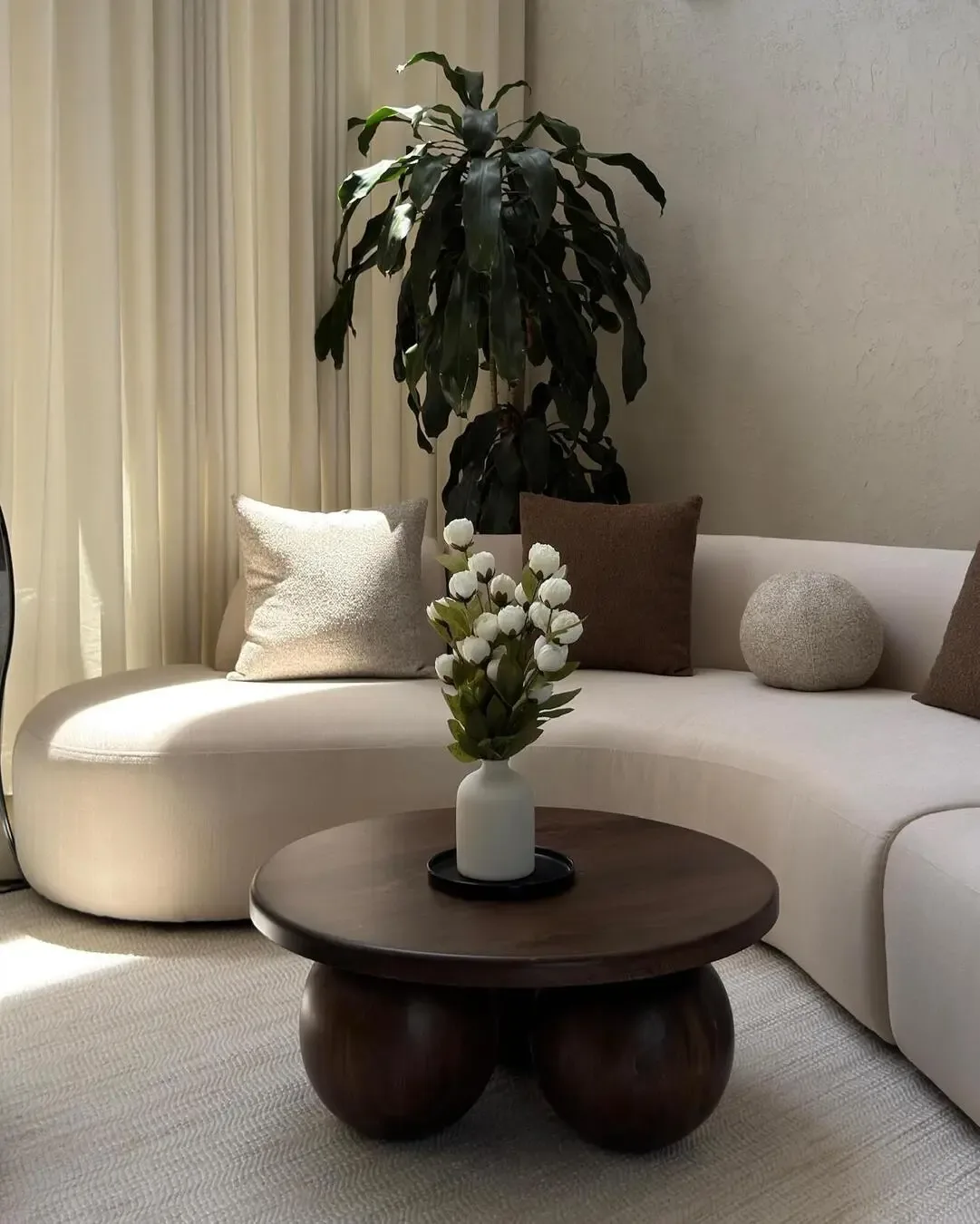 Serene living room with curved sofa, dark wooden table, and natural decorative details.